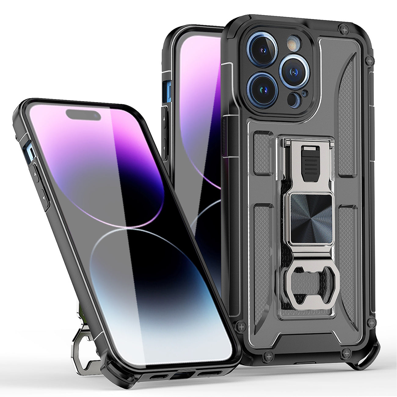 Kickstand Ring Holder/Bottle Opener with Magnetic Car Mount for IPHONE 14 PRO In Black